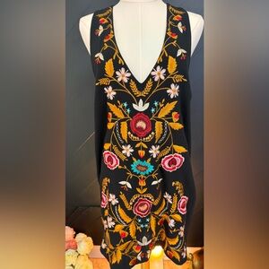 Free People Folk Song Embroidered Black Floral V-Neck Mini Dress with Pockets M